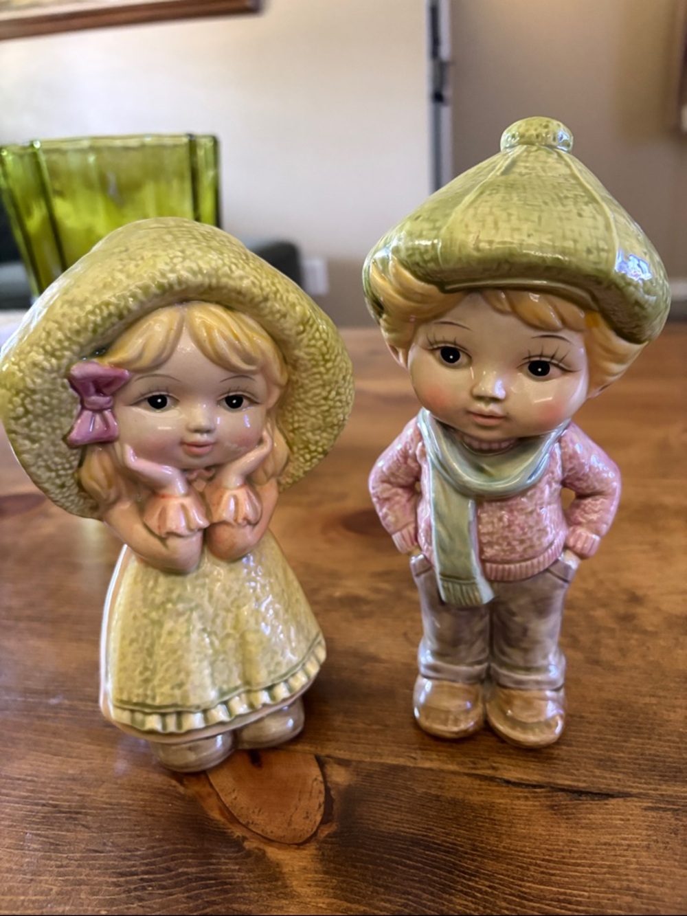 Porcelain Vintage-Style Boy & Girl Figurine Pair in Pastel Green and Pink